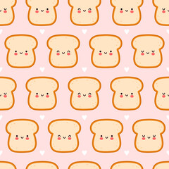 Cute funny bread toast seamless pattern. Vector flat cartoon kawaii character illustration icon design. Toast character seamless pattern concept