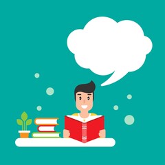 man with speach bubble on desk with books. creative hipster work or study at home.