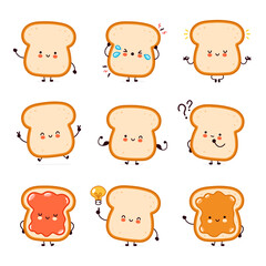 Cute funny happy bread toast character set collection. Vector flat line cartoon kawaii character illustration icon. Isolated on white background. Toast with face character mascot bundle concept - obrazy, fototapety, plakaty