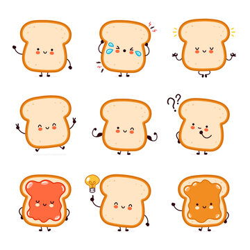 Cute funny happy bread toast character set collection. Vector flat line cartoon kawaii character illustration icon. Isolated on white background. Toast with face character mascot bundle concept
