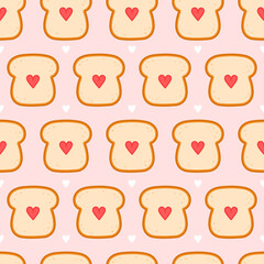Cute bread toast with heart seamless pattern. Vector flat cartoon kawaii character illustration icon design. Toast seamless pattern concept