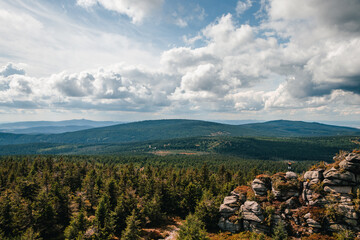 green sea spreads throughout the Czech landscape. Panorama of the Jizera Mountains and the highest...