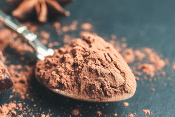 Brown cocoa powder in the spoon on dark background, close-up view