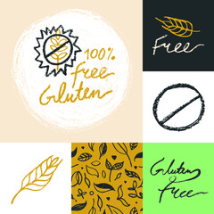 Naklejka premium Gluten free icon vector, hand-drawn lettering gluten-free logo, handwritten text vegan gluten badge. Rye image and cereal symbol. Healthy food label set, organic food packaging, healthy eating banner.