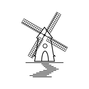 Black and White Windmill with Blades Isolated on White Background. Silhouette of Rural Tower. Raster Illustration