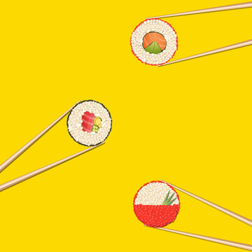 Wooden chopsticks hold sushi rolls on a yellow background. Vector illustration