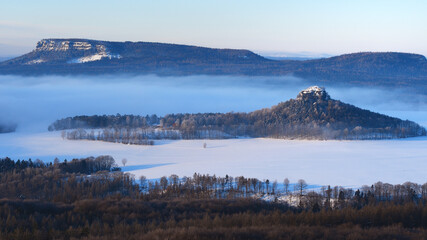 Zirkelstein in mist. Winter mist above dry spruce trees, white waves.