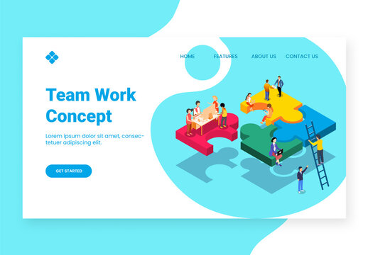 Isometric View of Business People Working Together to Complete Project for Teamwork Concept Based Landing Page