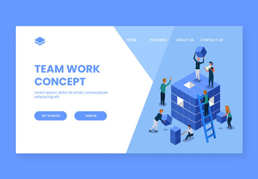 Isometric View of Business People Working Together to Complete the Project for Teamwork Concept Based Landing Page