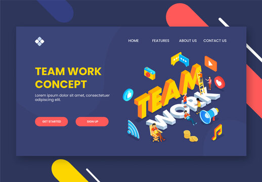 Landing Page Design, 3D Team Work Text with Social Media App and People Working on Blue Background