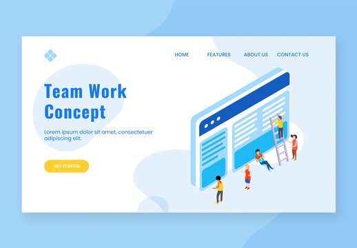 Responsive Landing Page Design with Isometric Business People Maintaining Website for Teamwork Concept