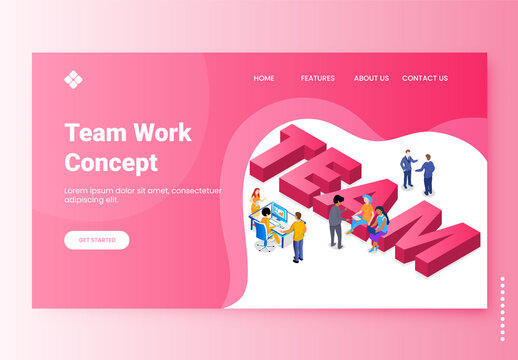 Responsive Landing Page Design, 3D Team Text with Business People Working Together on Pink and White Background