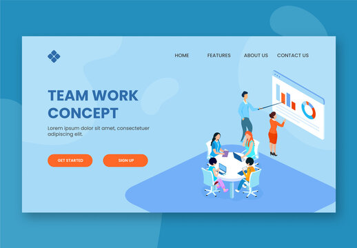 Team Work Concept Based Landing Page Design with Business People Meeting and Infographic Presentation in Workplace