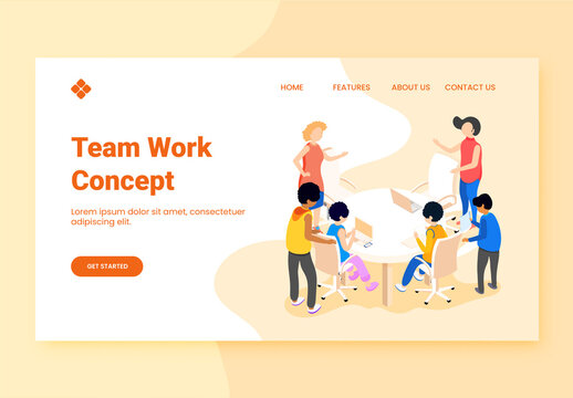 Team Work Concept Based Landing Page Design with Business People Working Together at the Workplace