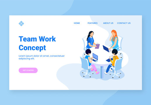 Team Work Concept Based Landing Page Design with Business People Working Together at Workplace