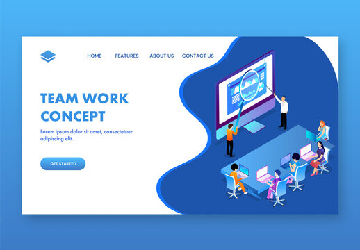 Team Work Concept Based Landing Page Design, Group of Business People Working at the Workplace