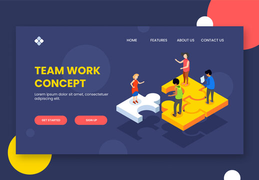 Team Work Concept Based Landing Page with Business People Working Together to Complete the Project