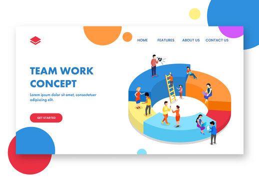 Teamwork Concept Based Landing Page Design with Business People Working Together on 3D Pie Chart