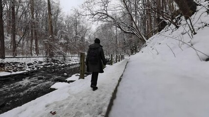 A woman walks through the woods on a snowy afternoon