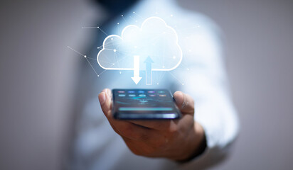 Man holding phone with Download icon