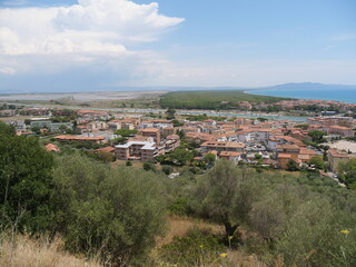 Panorama of the modern part of Castiglione della Pescaia and of its coast lapped by the Tyrrhenian Sea.