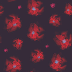 Red abstract watercolor flowers on a dark background. Seamless print for printing on fabric.