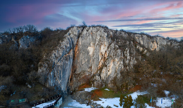 stalactite cave in aggtelek hungary. A part of  giant baralda dominica cave system. more than 25km long cave system. Natural entrance can see on this photo with the visitor center