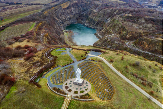Blessing Jesus Christ monument in Tarcal Hungary. Giant religious statue next to Tarcal mine lake which same like than a tarn