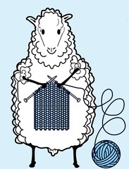 Standing sheep knitting a knitted garment with needles and a ball of wool