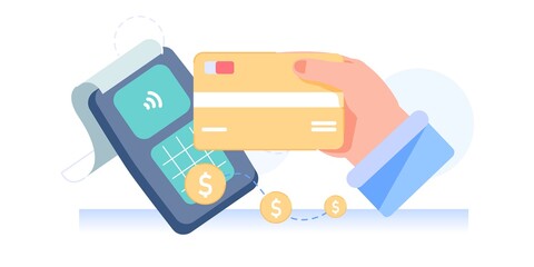 Vector cartoon flat characters hand makes nfc contactless payment.Arm holding nfc smart credit card,make wireless pay to pos terminal-modern payment technology,online web site ad banner concept