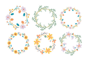 Floral Frame Collection. Set of cute retro flowers arranged un a shape of the wreath perfect for wedding invitations and birthday cards
