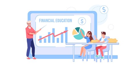 Vector cartoon flat family characters in home,online education class business course.Dad teaches kids personal budget finance management on computer app screen-web site banner ad concept