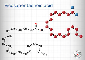 Eicosapentaenoic acid, EPA, icosapentaenoic acid, icosapent molecule. It is an omega-3 polyunsaturated long-chain fatty acid. Sheet of paper in a cage