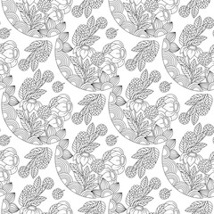 Monochrome doodle flower seamless pattern for adult coloring book. Black and white floral outline. Vector sketch illustration, hand drawn style.
