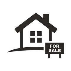 Home for sale icon. Real estate sign in front of house. Property for sale. Vector icon isolated on white background.
