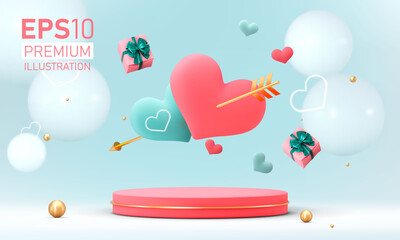 Podium for product placement in Valentines day with decorations Premium vector
