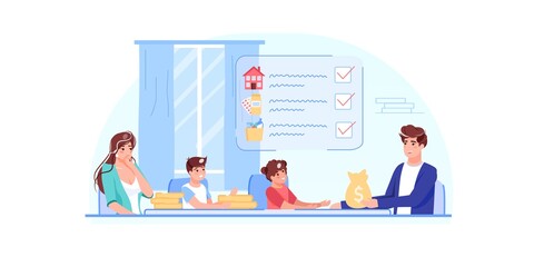 Vector cartoon flat family characters with gold coins.Parents kids discussing home budget finance management,follow money saving plan list-family budget,web site banner ad concept
