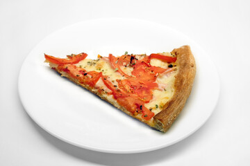 Big appetizing pizza piece on the plate isolated over white background top close up