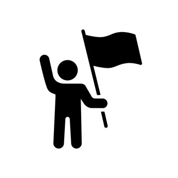 Man standing and holding in hands flag glyph icon