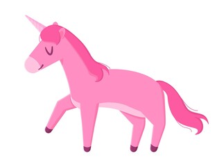 Happy magic pink unicorn. Romantic fairytale pet, children imagination concept.Stock vector illustration isolated on white background in flat cartoon style.