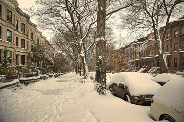 Winter scene with snow covered cars parked along streets in Brooklyn, NY. Brownstones in winter season