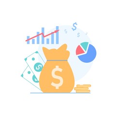 Vector cartoon flat financial symbols for education class business course.Gold coins,money bag,graph,diagram-financial literacy,investments,budget money management,web site banner ad concept