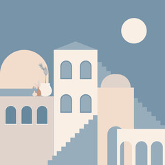 Old city minimalist boho illustration. Boho summer old city with stairs pattern for design tourism agency flyer, summer birthday greeting card, resort party advertising etc.