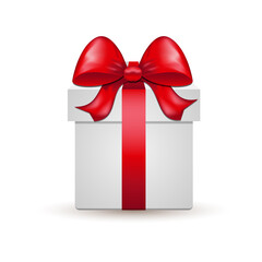 gift box with red ribbon and shiny bow. vector illustration on white isolated background