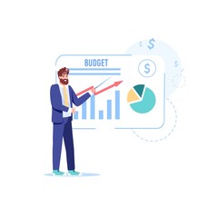 Vector cartoon flat teacher characters at education class business course.Coach teaching finance,investments,budget money management-financial literacy,web site banner ad concept