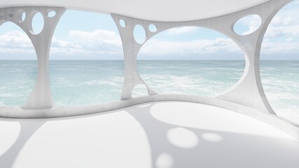Architecture interior background room with sea view 3d render