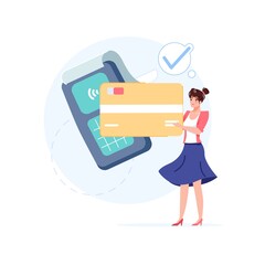 Vector cartoon flat girl character makes nfc contactless payment.Happy customer buy goods,make wireless pay with nfc smart card-modern payment technology,online web site ad banner concept design