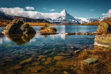 Matterhorn reflection in the lake Stellisee, Switzerland.