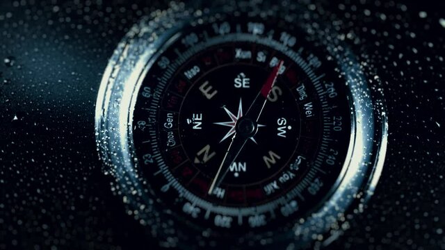 Compass in the rain drops on glass