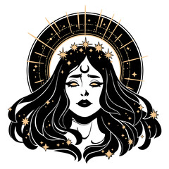 beautiful face woman with fluttering hair in a golden crown of stars with a halo - obrazy, fototapety, plakaty